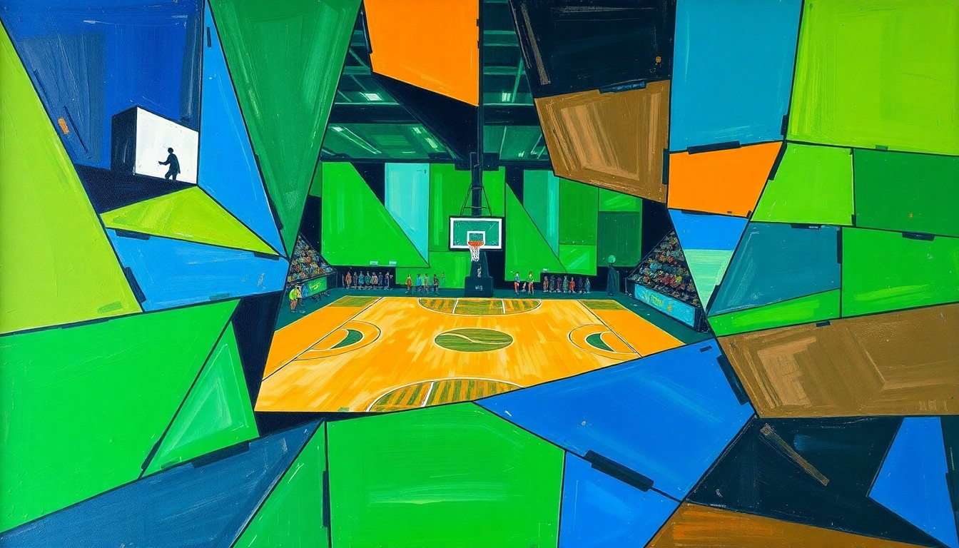 A cubist, geometric painting depicting a basketball game or match, with overlapping planes of green, blue, and orange shapes representing the action on the court.