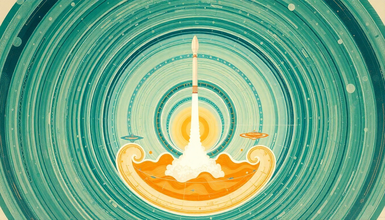 A bold, abstract painting featuring sweeping geometric arcs, concentric circles, and precise spirals in earthy tones of green, blue, and orange, representing the intricate scientific concepts and technological prowess behind the successful landing of a SpaceX Falcon 9 rocket in The Bahamas.
