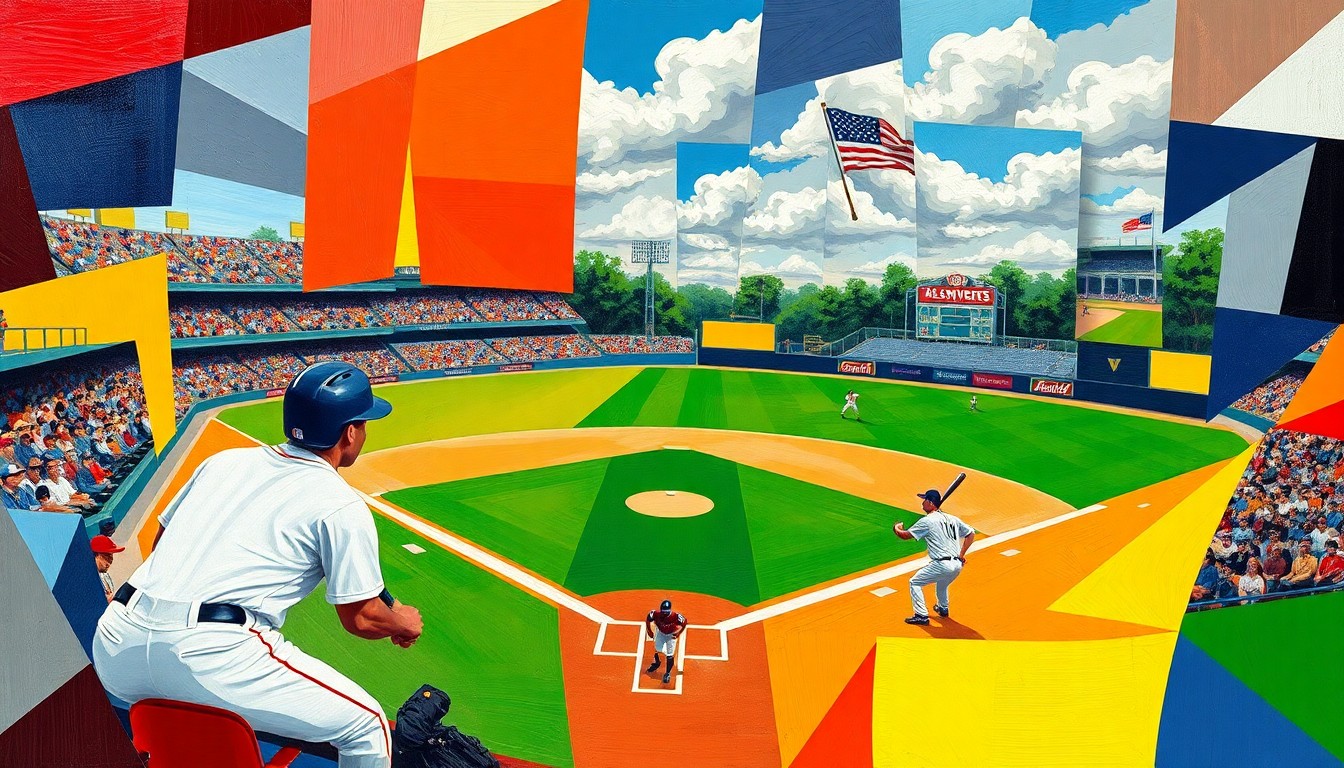 A fragmented, geometric painting depicting the dynamic motion and competition of a high school baseball game, with sharp planes of color representing the two teams in action.