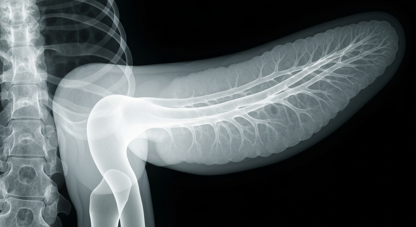 A highly detailed, translucent X-ray image that reveals the complex internal structures of a human pancreas, conceptually representing the medical challenges faced by the patient in this story.