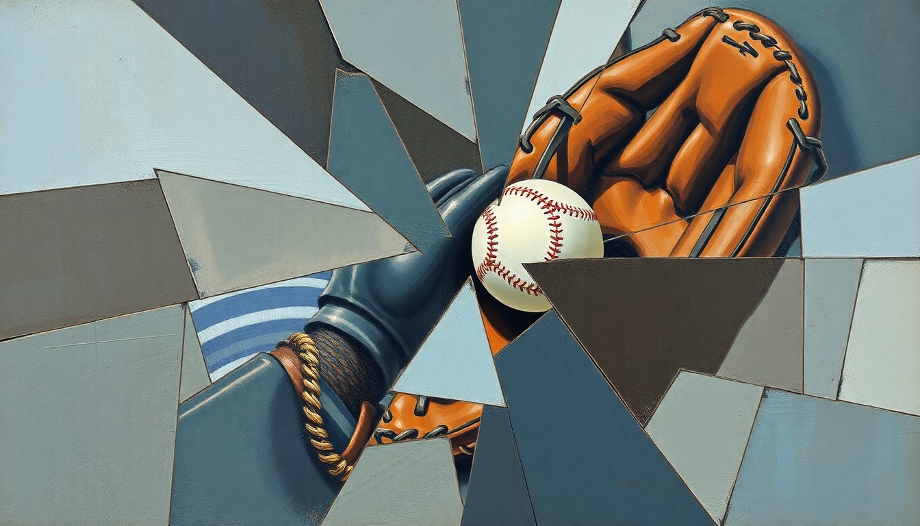 A cubist, multi-perspective painting depicting a baseball catcher's mitt in shattered geometric planes, conceptually representing the fragility and cascading impact of an unexpected injury.