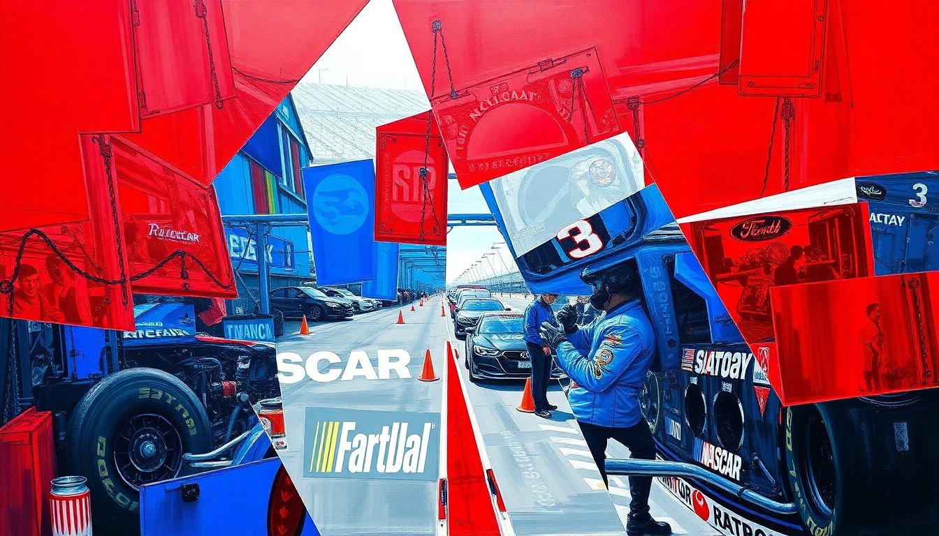 A fractured, geometric painting depicting the chaotic motion and overlapping elements of a NASCAR pit stop, using bold colors and angular shapes to convey the intensity and importance of flawless execution on pit road.