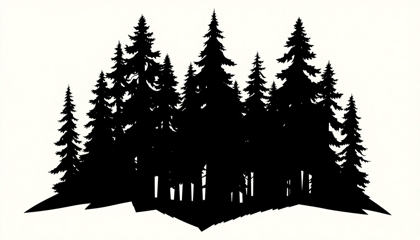 An abstract, minimalist illustration featuring jagged, geometric black silhouettes of towering trees against a dark, atmospheric background, capturing the enigmatic and immersive essence of SUNN O)))'s latest album.