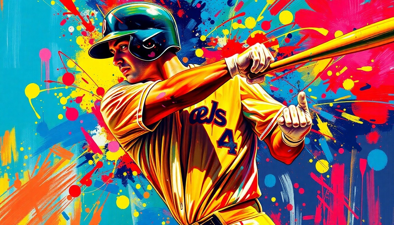 An extreme close-up of a baseball player mid-swing, with the batter's form and uniform details dissolving into a vibrant, expressionist painting of neon colors and rapid brushstrokes, capturing the raw power and energy of the moment.
