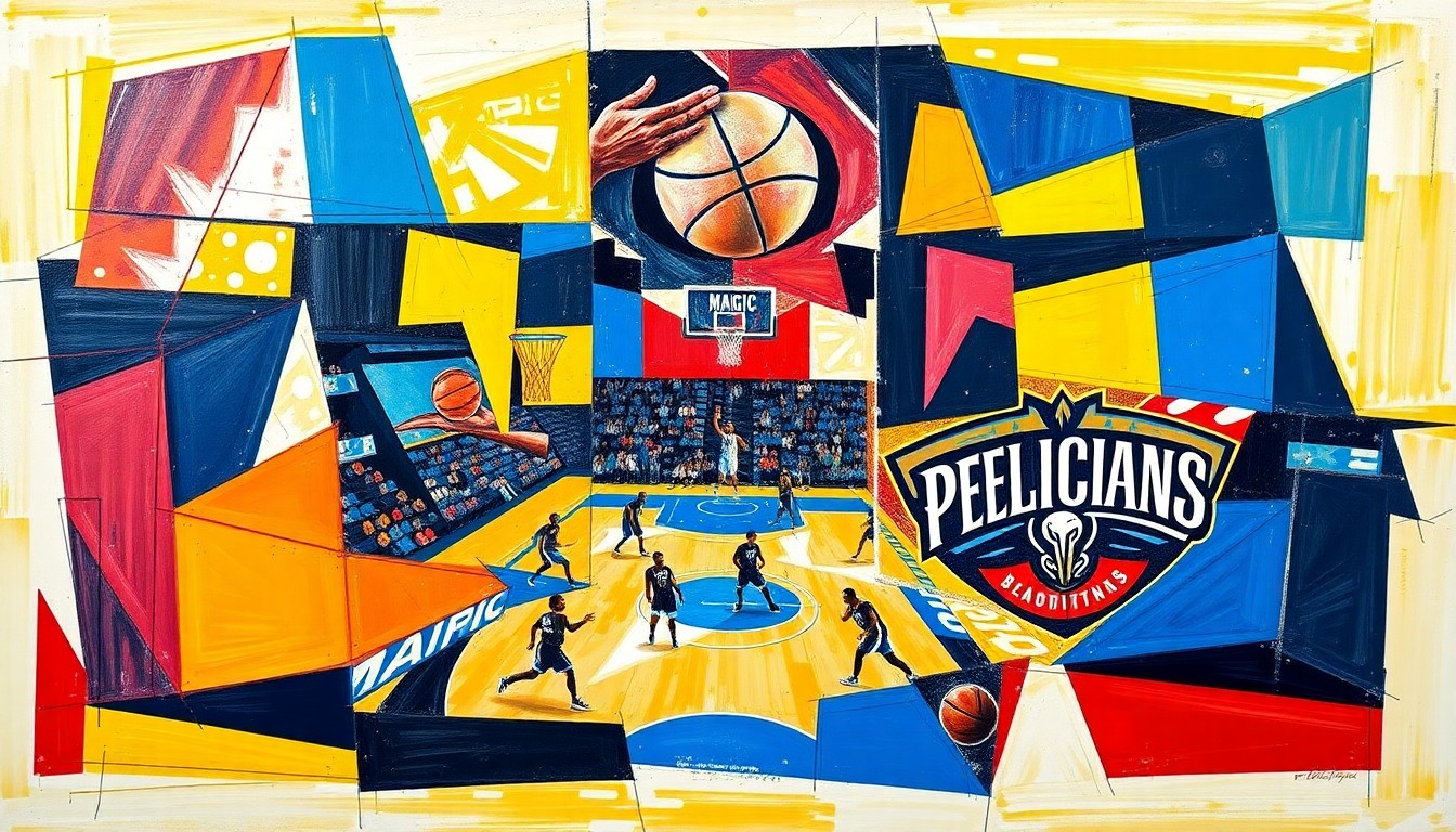 A cubist, geometric painting depicting a basketball game in motion, with sharp, overlapping planes of color representing the players and action on the court.