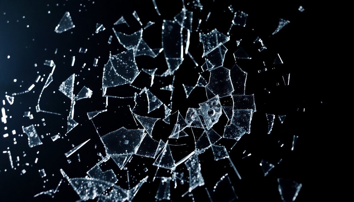 An abstract, high-contrast close-up photograph of shattered glass reflecting a faint glow, conceptually representing the fragility and complexity of media organizations navigating sensitive personnel matters.