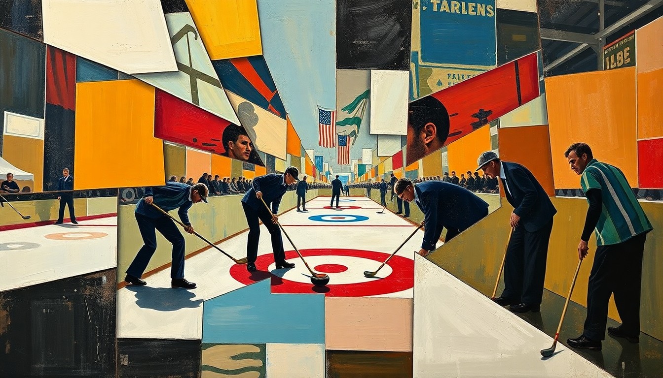 A cubist, geometric painting depicting a fractured, multi-perspective view of a curling match, with sharp planes of color and overlapping shapes representing the intense physical and mental strain of the sport.