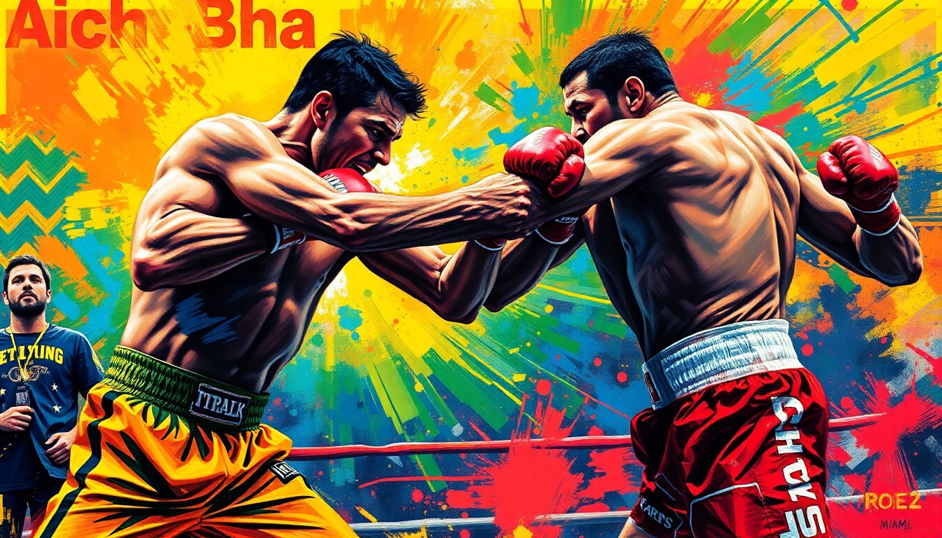 An abstract, energetic painting with bold neon brushstrokes depicting the intense action and physicality of a boxing match, conceptually representing the interim Heavyweight title fight at the DBX 6 event.