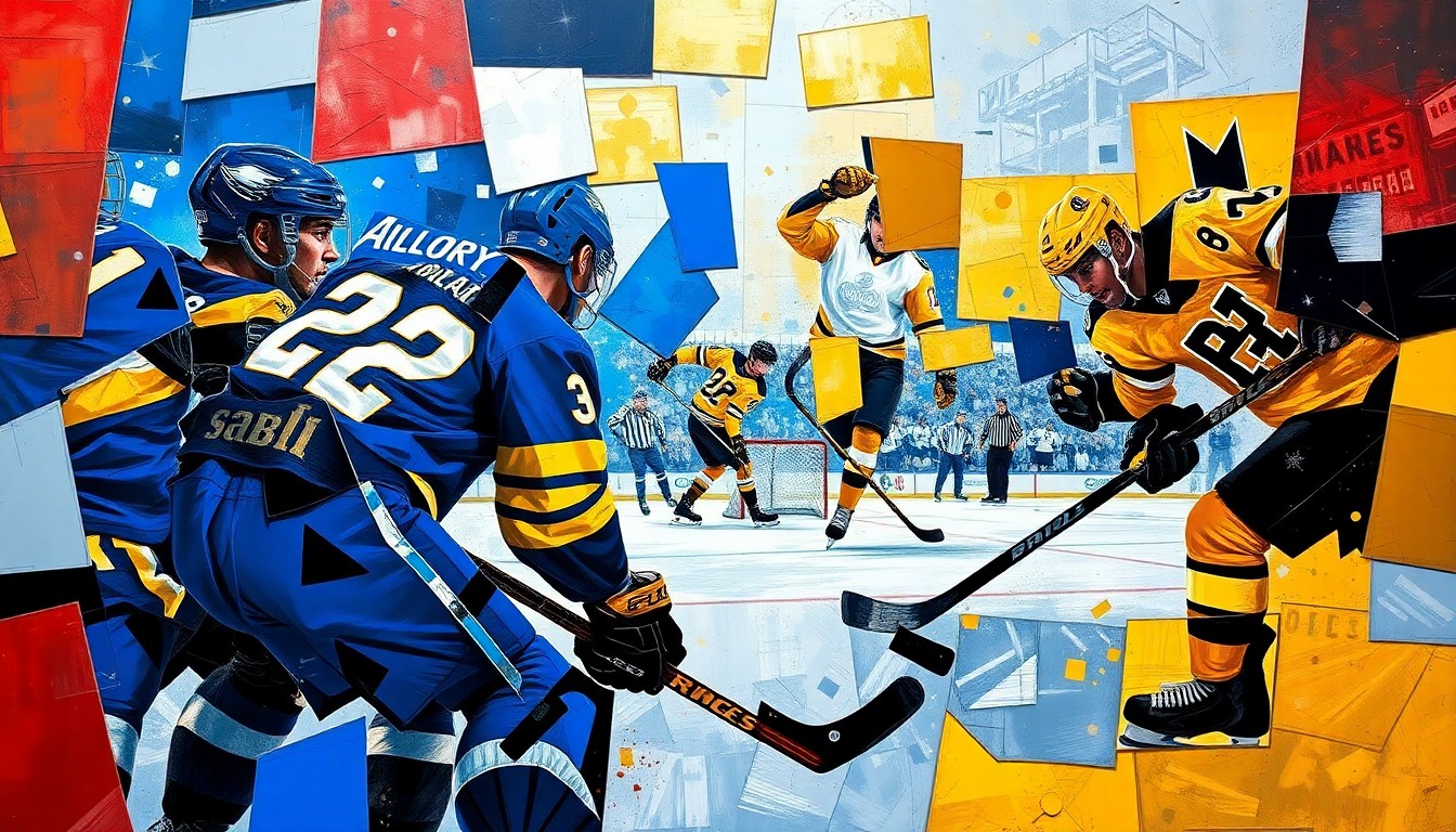 A fractured, cubist-style painting depicting the action of a hockey game, with the players and the rink broken down into sharp, overlapping geometric shapes and planes in the colors of the Sabres and Kings uniforms, conveying the intensity and grittiness of the matchup.
