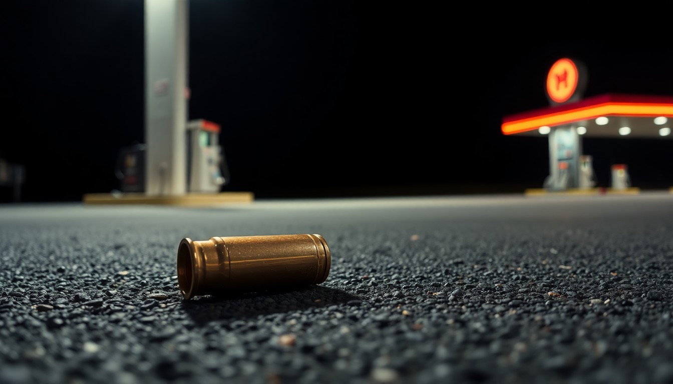 An extreme close-up photograph of a spent shell casing on the asphalt of a gas station parking lot, capturing the stark, gritty details of the crime scene.