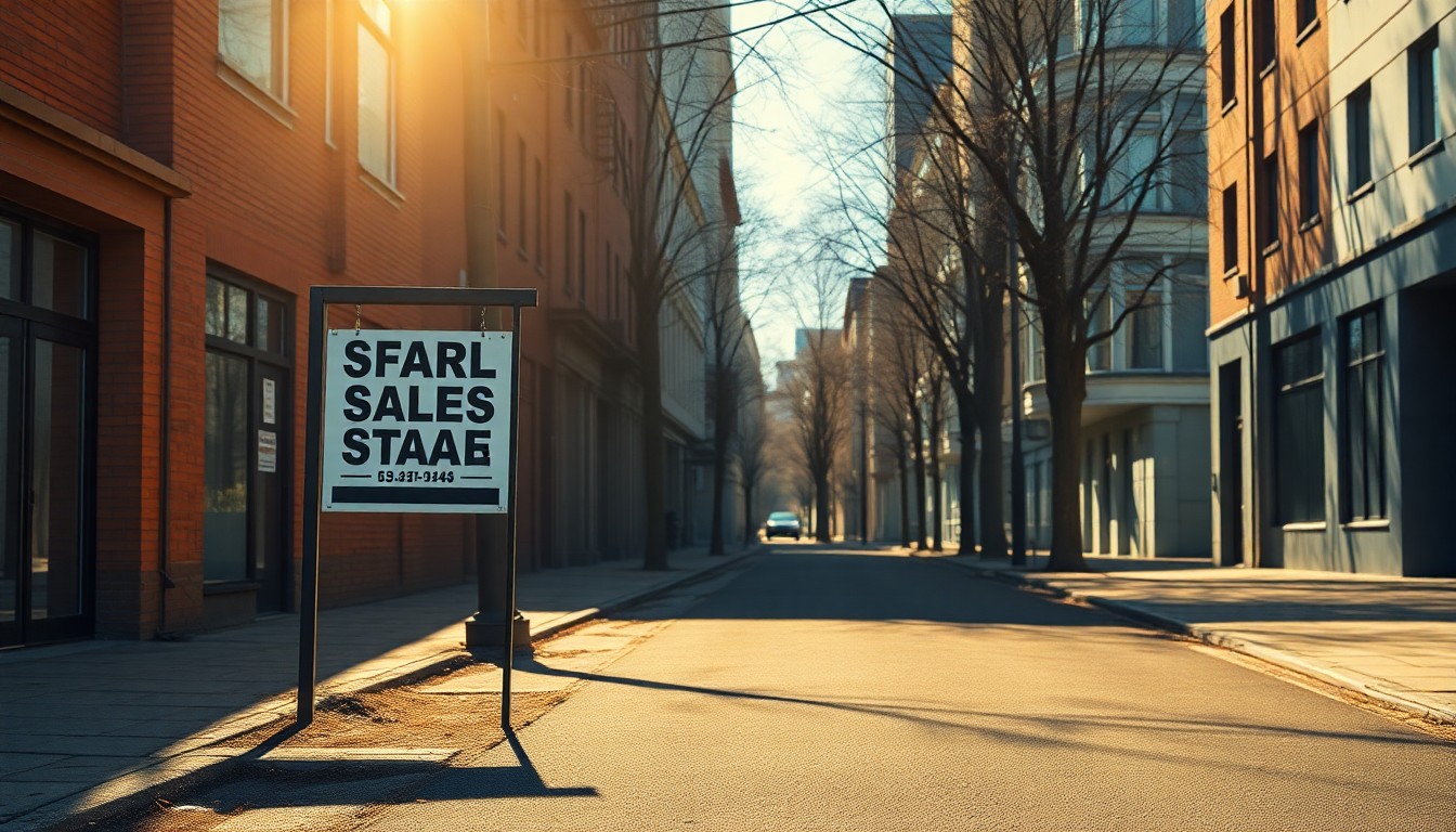 A weathered, solitary real estate sign stands alone on a quiet urban street, bathed in warm, diagonal sunlight and deep shadows, conceptually representing the melancholy mood of property fraud and the need for stronger legal protections.