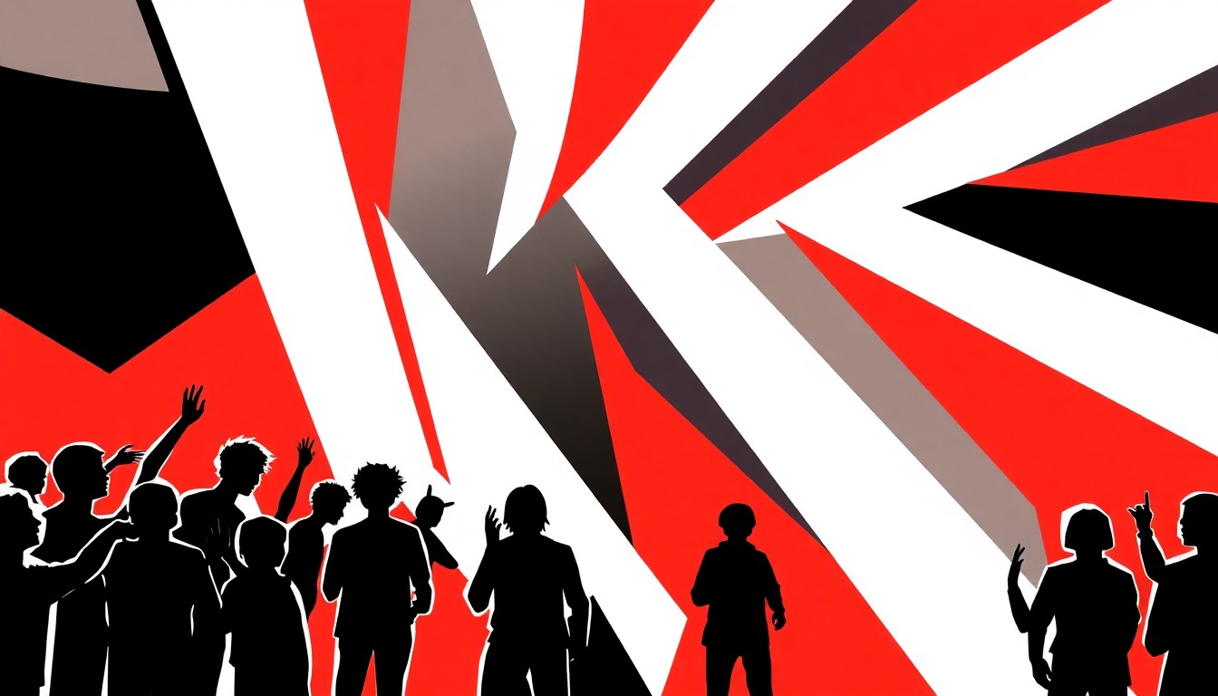 An abstract, minimalist illustration featuring bold, angular shapes in high-contrast black, white, and red, capturing the energy and community spirit of a lively summer block party.