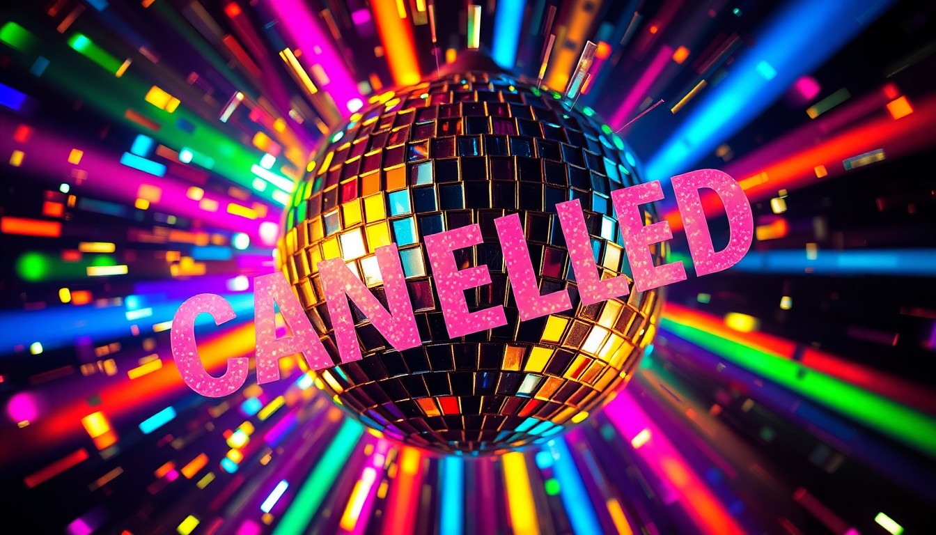 An abstract, high-contrast close-up photograph of shattered disco ball fragments reflecting a dazzling array of neon colors, conveying the glamour and energy of a cancelled electronic music festival performance.