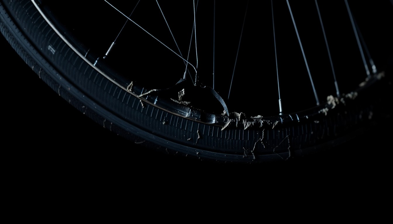 An extreme close-up photograph of a cracked and damaged bicycle wheel rim, the harsh flash illuminating the twisted metal and creating a dramatic, gritty aesthetic.
