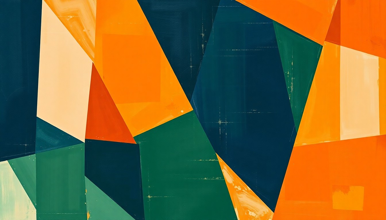 A cubist-style painting featuring sharp, overlapping geometric shapes in navy blue, forest green, and burnt orange, conceptually representing the fast-paced action and energy of a women's basketball game.