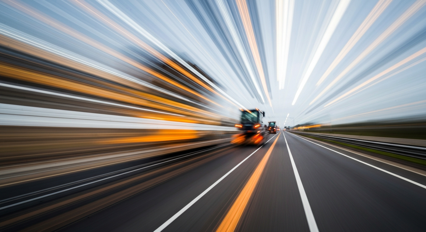 Heavily blurred streaks of yellow, orange, and grey paint the frame, conveying the motion and energy of highway construction equipment at work.