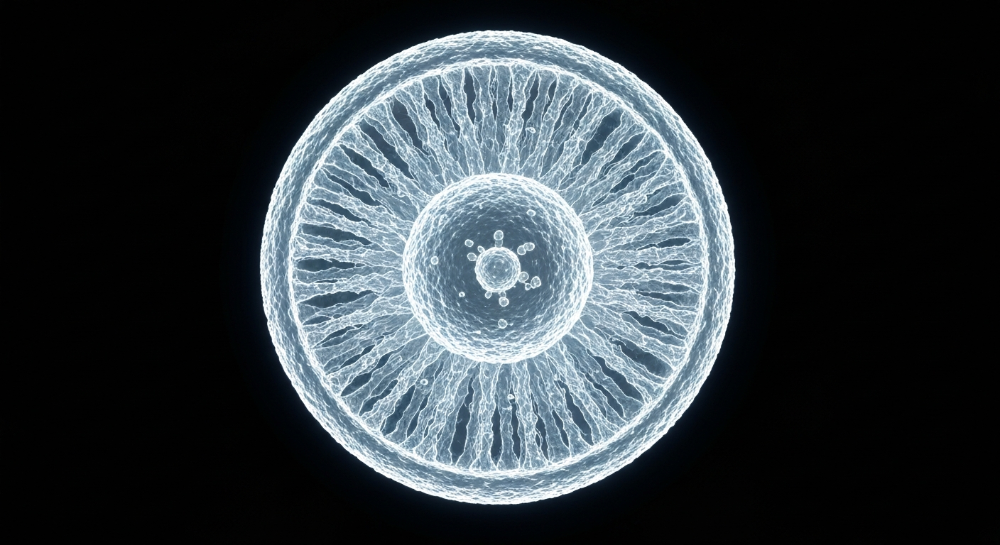 A translucent, ghostly X-ray photograph showing the intricate internal structure of a measles virus particle, its delicate form glowing against a dark background.