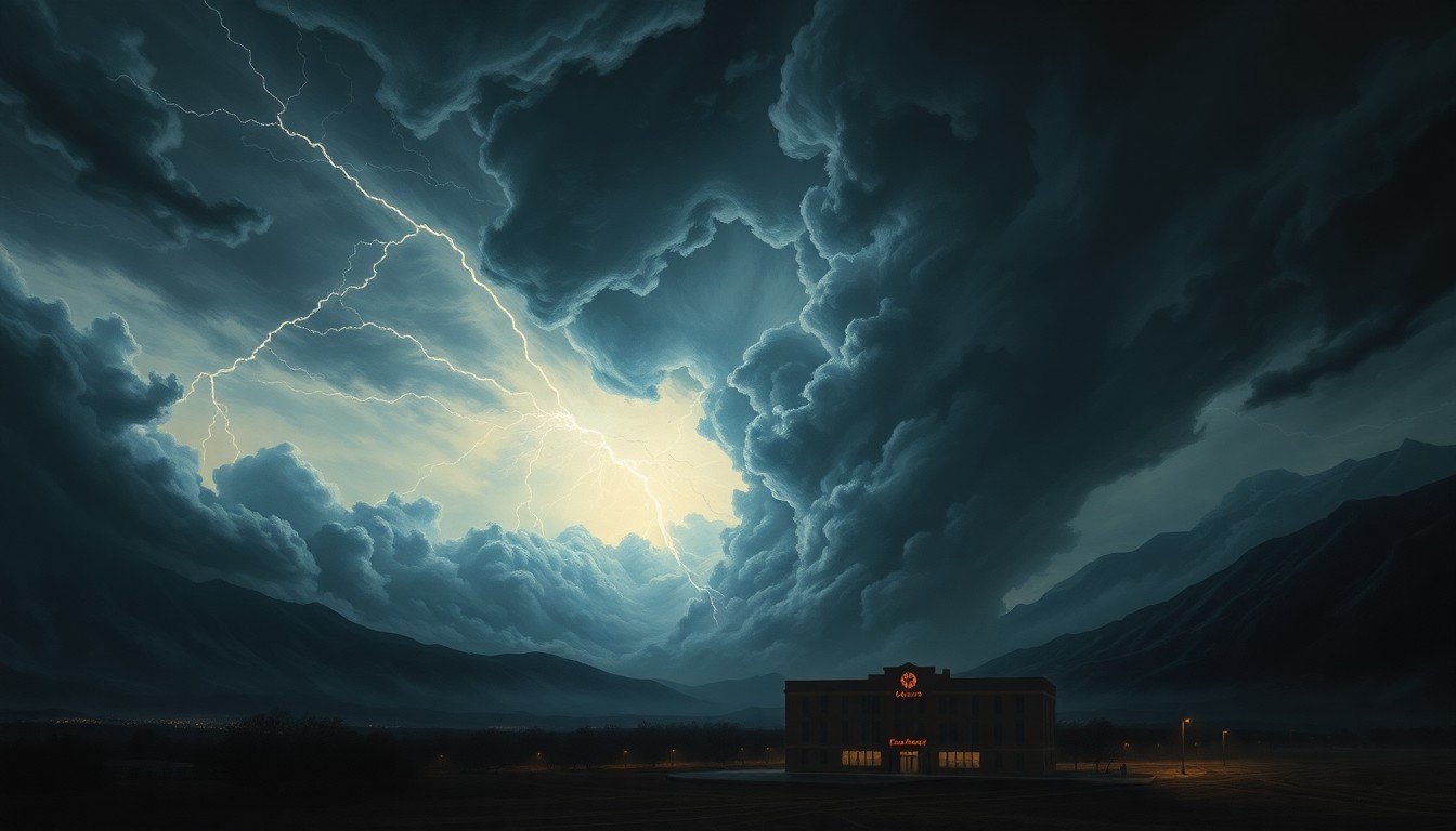 A dramatic, atmospheric landscape painting in muted tones of gray, blue, and yellow, with a silhouetted commercial building dwarfed by the sweeping, turbulent clouds and intense lighting of an electrical storm, conveying the overwhelming scale and power of the natural world.