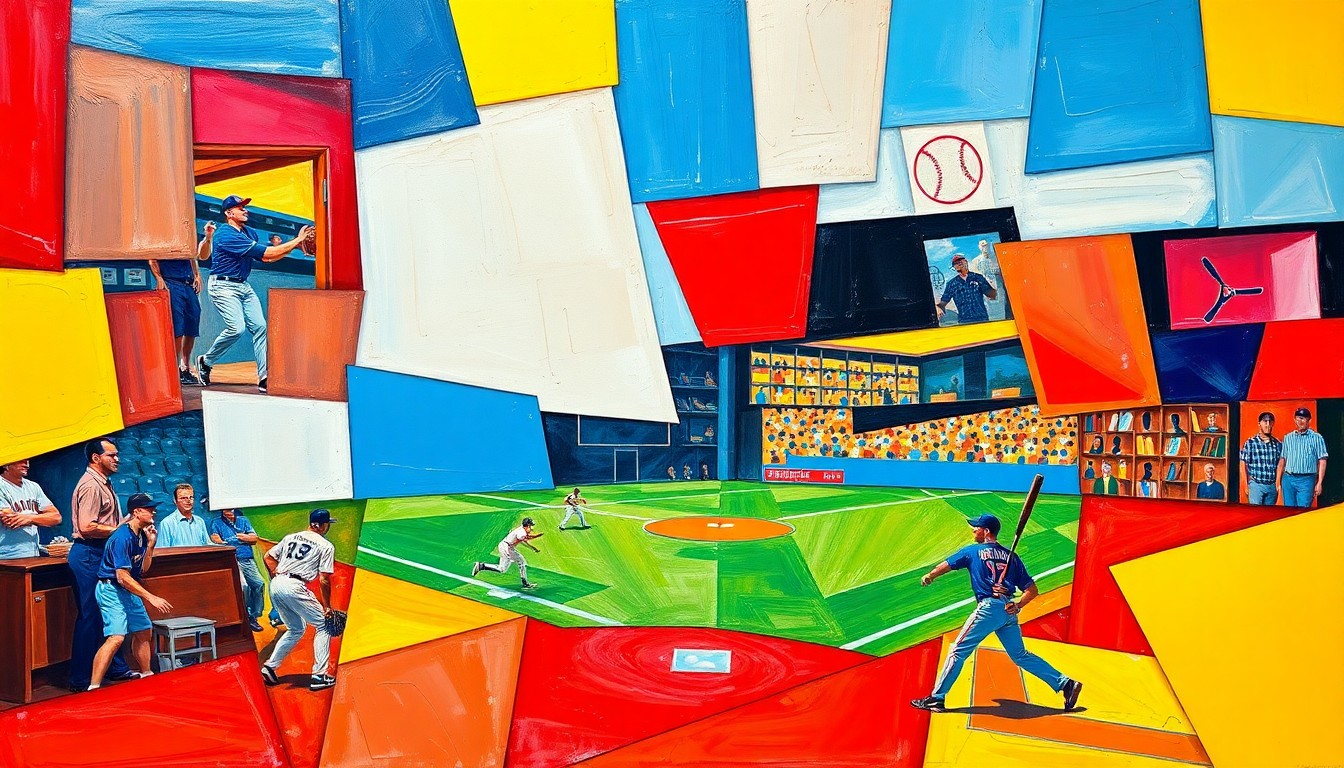 A cubist, geometric painting depicting the motion and energy of baseball players, with sharp planes of color and overlapping shapes representing the dynamic action of the game.