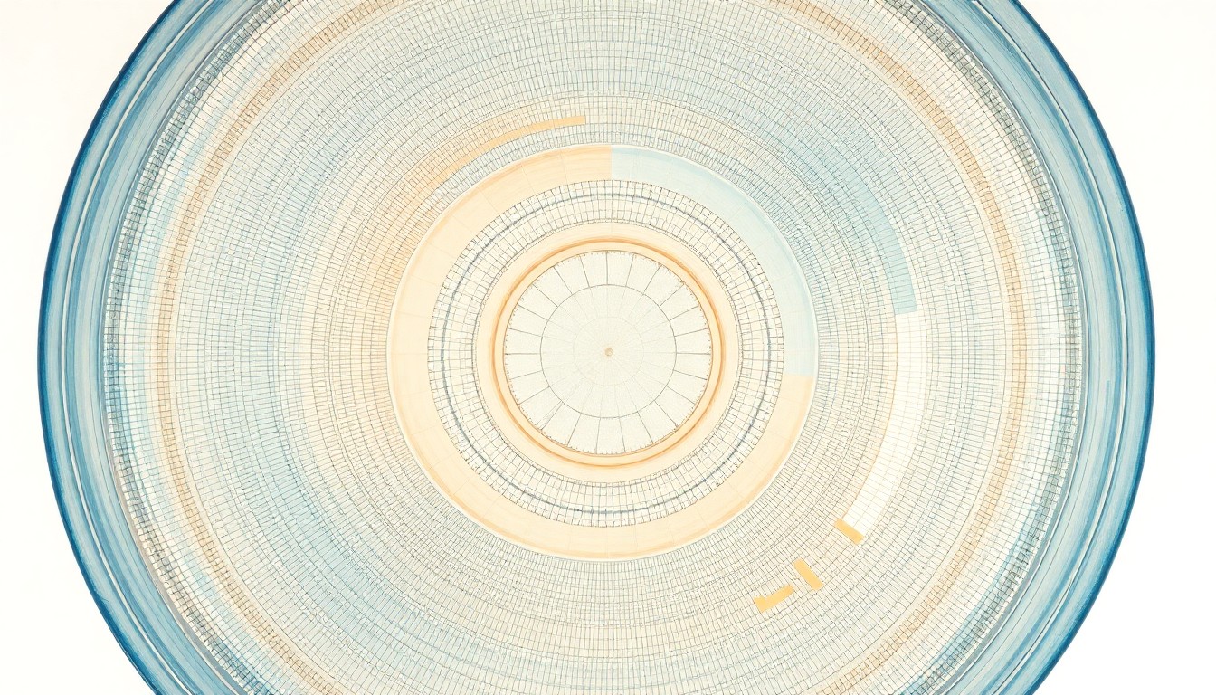 A bold, abstract painting in the style of Hilma af Klint, featuring sweeping geometric arcs, concentric circular forms, and precise botanical spirals in soft, flat colors against a clean background, conceptually representing the complex physics and geometry of soap bubbles.