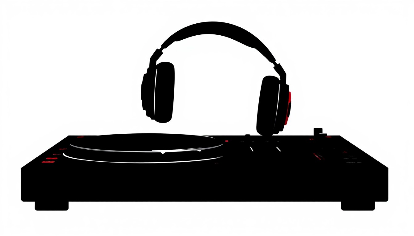 A minimalist black and white illustration depicting the silhouette of a DJ turntable and headphones, representing the pioneering work of Afrika Bambaataa in the early days of hip-hop.