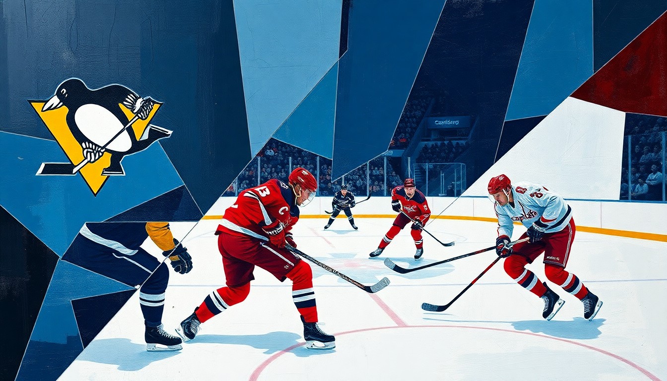 A fractured, geometric painting depicting the abstract forms of hockey players in the midst of a game, with sharp planes of navy, red, and white overlapping to create a dynamic, cubist-inspired composition.