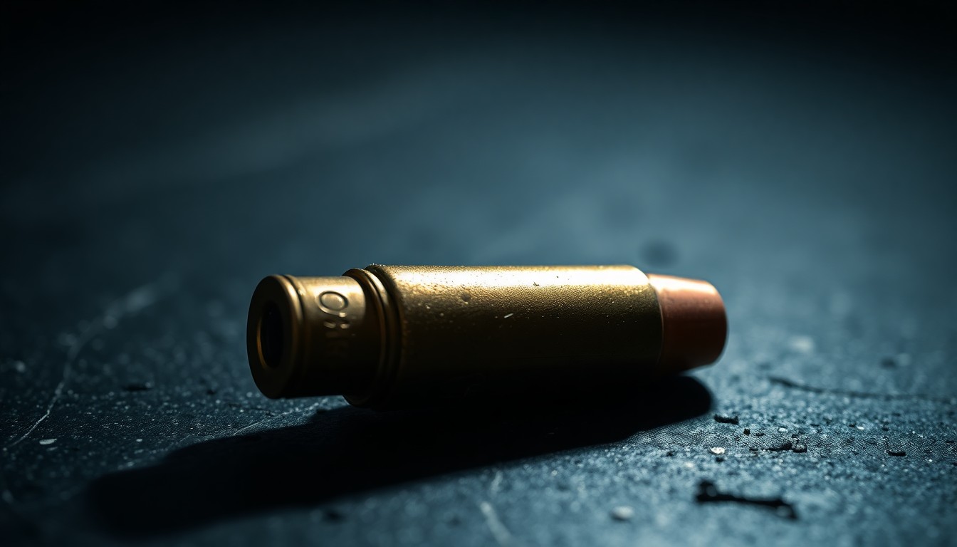 An extreme close-up of a metallic bullet casing against a dark, gritty surface, capturing the stark, investigative aesthetic of the crime scene.