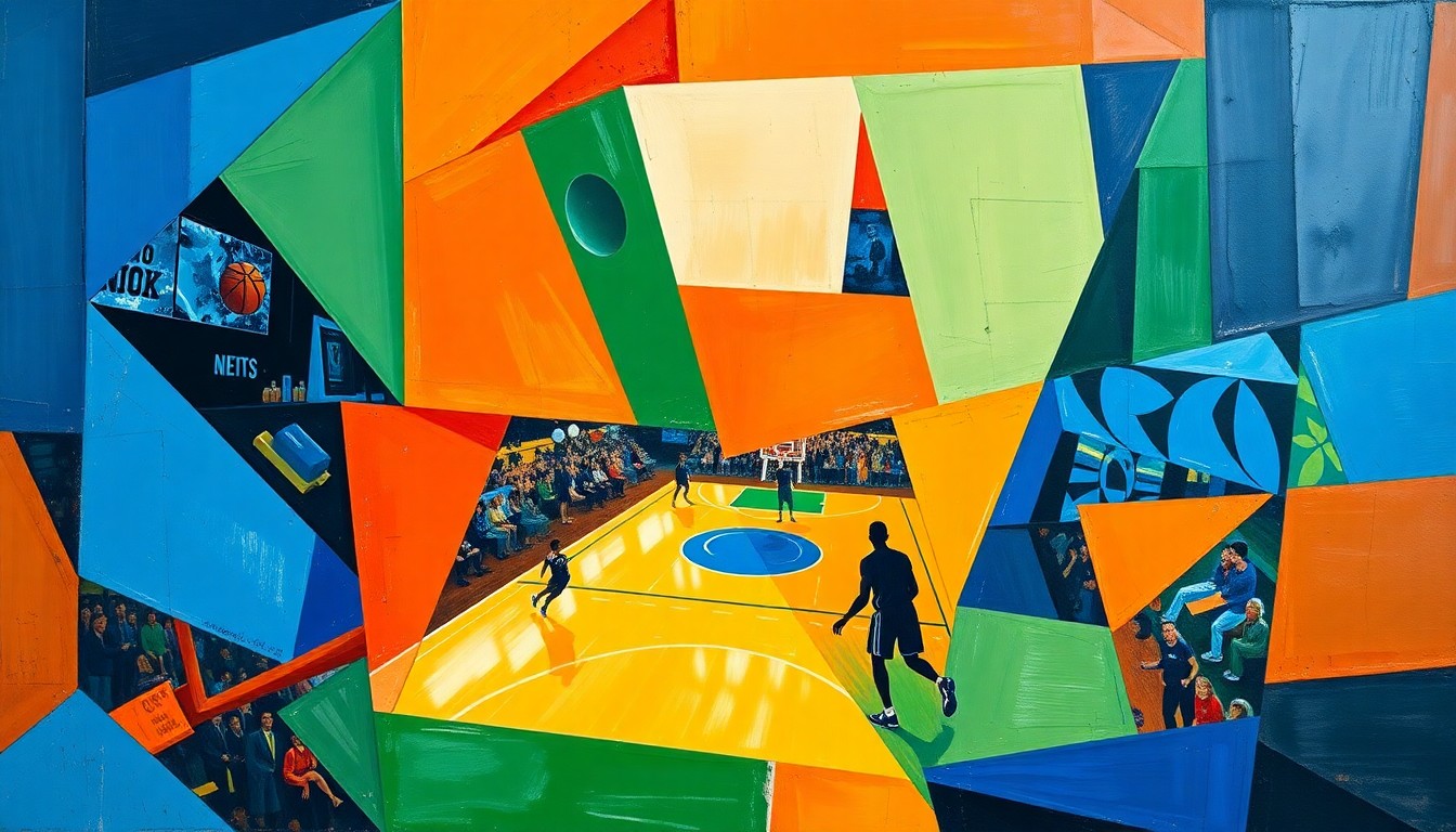 A fractured, multi-perspective painting depicting the action of a basketball game, with sharp, overlapping geometric shapes in vibrant colors representing the players' movements and the intensity of the competition.