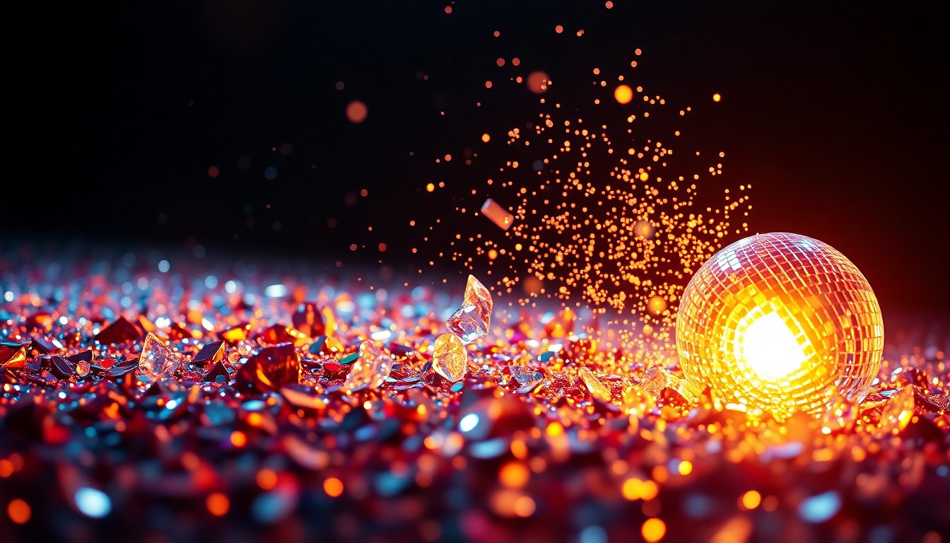 An abstract close-up photograph of shimmering sequins and shattered glass, capturing the high-energy glamour of a Bruno Mars concert performance.