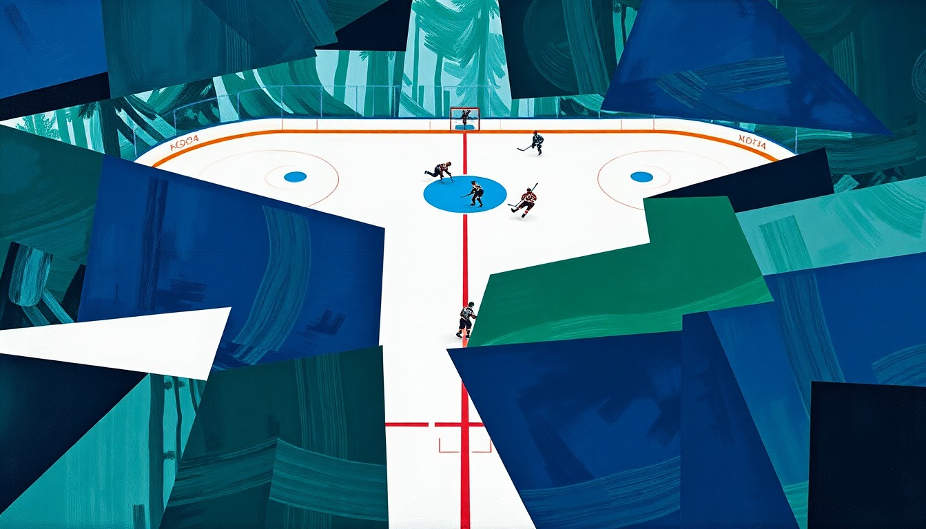 A cubist, geometric painting depicting a hockey game broken down into sharp, overlapping planes of navy blue, forest green, and white, conveying the fractured nature of the Outliers' loss.