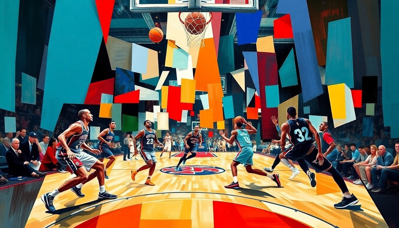 A cubist, geometric painting depicting the intense energy and action of a basketball game between the Detroit Pistons and Charlotte Hornets, with players' forms broken down into abstract shapes and colors.