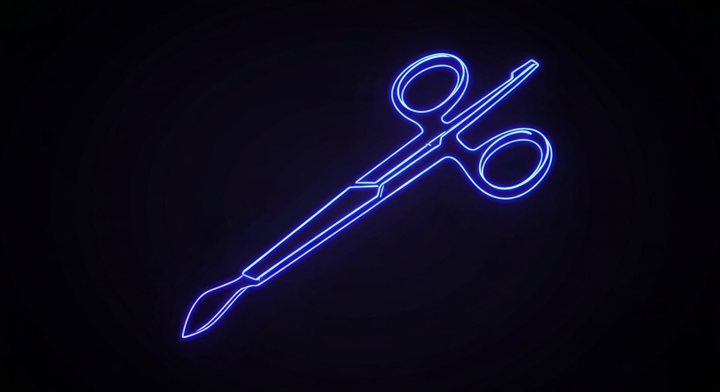 A glowing, neon outline of a surgical instrument against a dark background, conceptually representing the critical role of medical device reprocessing in healthcare.