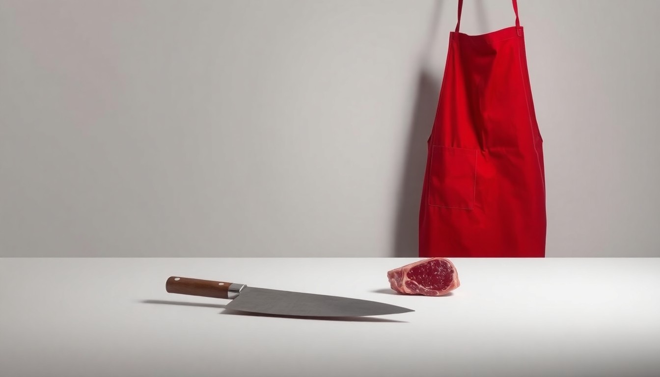 A minimalist studio still life featuring a polished, stainless steel meat cleaver and a red butcher's apron, symbolizing the Armenian meat market at the center of the controversy between Dr. Oz and the business owner.