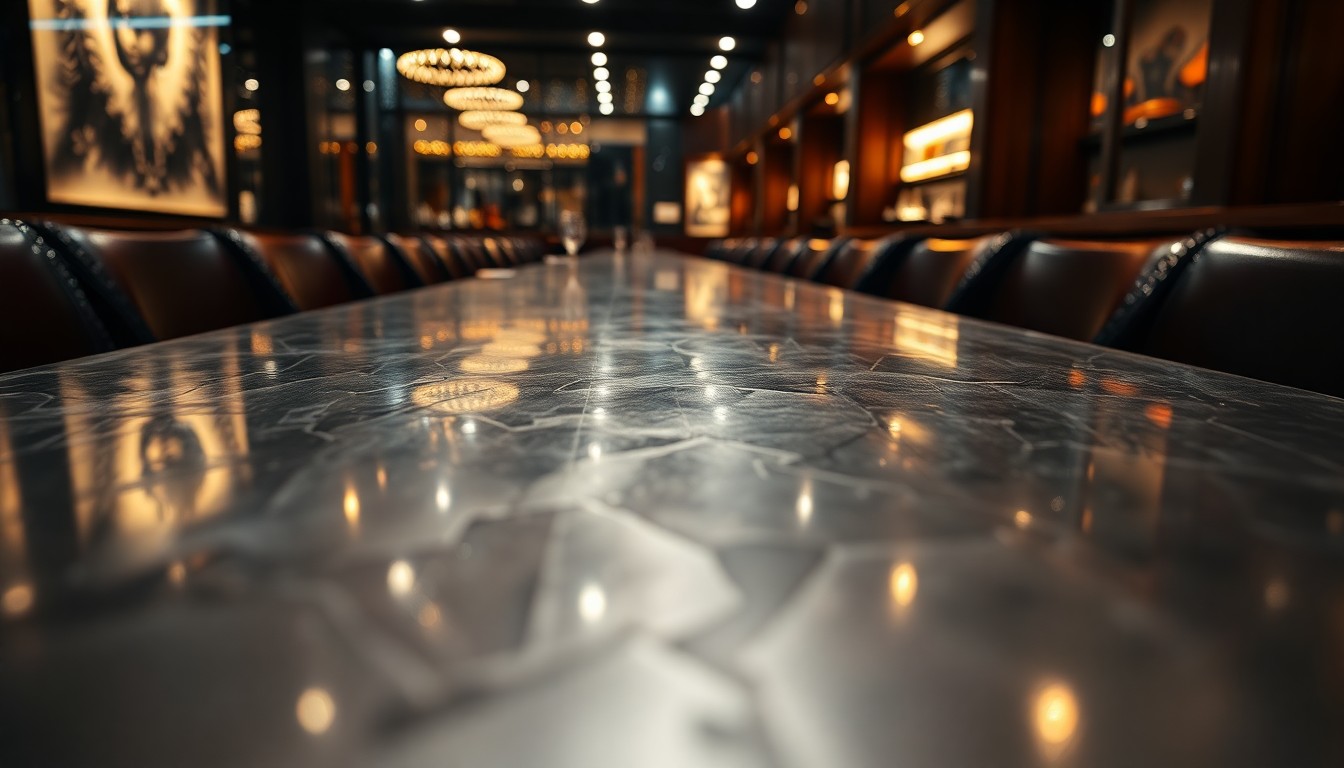 An extreme close-up photograph of a highly reflective, glossy metal restaurant tabletop, capturing the luxurious textures and dramatic lighting of an upscale dining establishment.