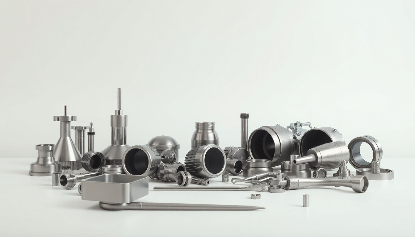 A high-end, photorealistic studio still-life photograph featuring a collection of premium, polished metal automotive parts and tools arranged elegantly on a clean, monochromatic seamless background, conceptually representing the disruption to the automotive industry's supply chains and manufacturing processes due to the trade war.