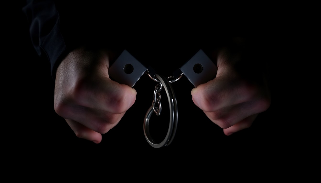 An extreme close-up of a pair of police handcuffs against a stark black background, the metal reflecting a bright flash of light, conceptually representing the intensity and gravity of a police shooting investigation.