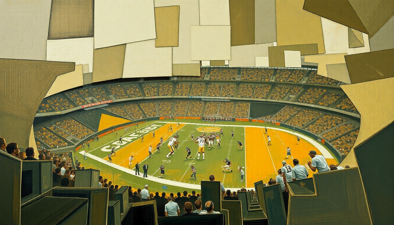 A fragmented, cubist-style painting depicting a football game or NFL draft scene, with sharp geometric shapes in muted earth tones representing the strategic maneuvering and high stakes involved.