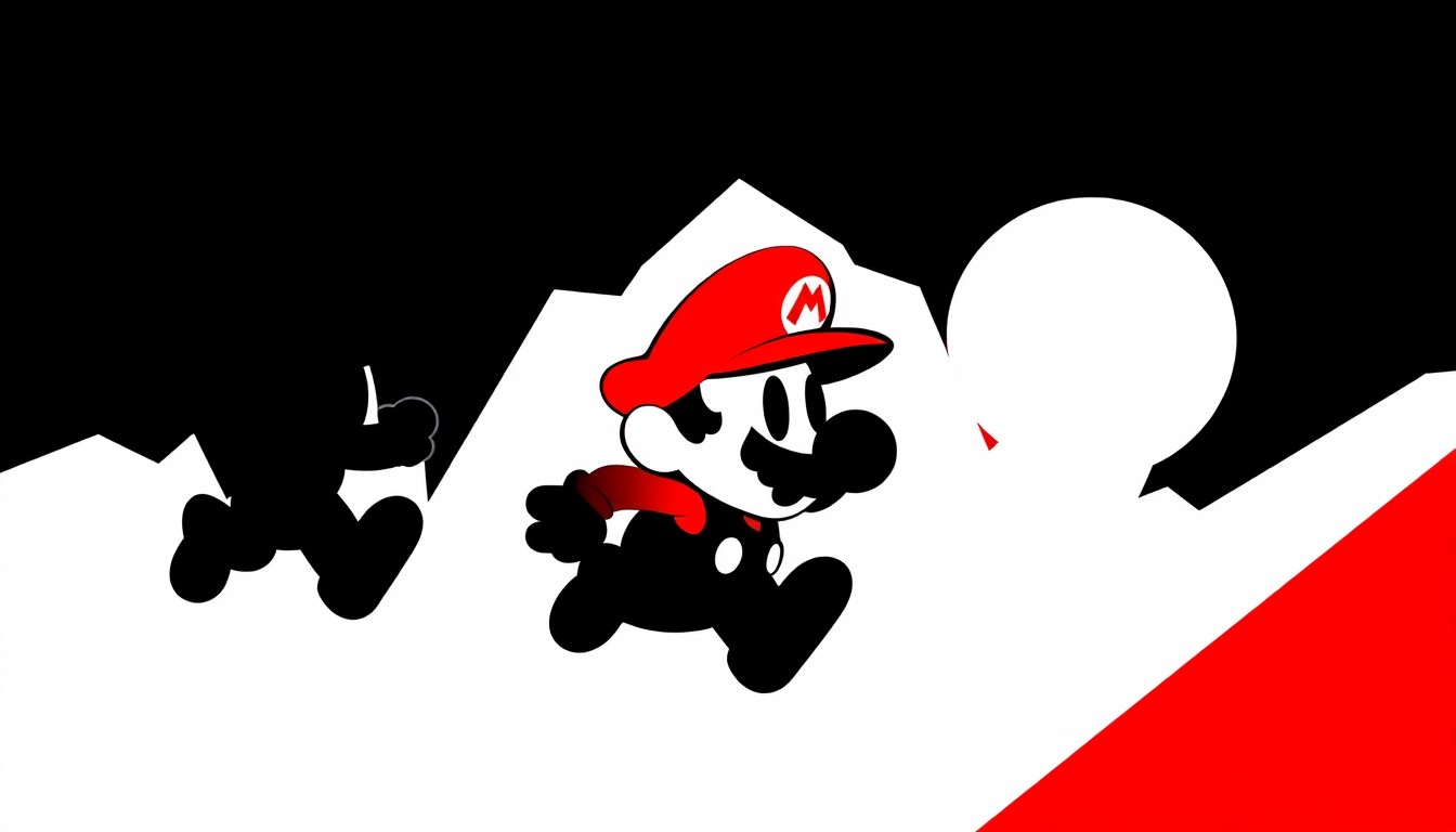 A striking abstract composition of bold, jagged geometric shapes in high-contrast red and white, conceptually representing the Super Mario movie without using any literal imagery or text.