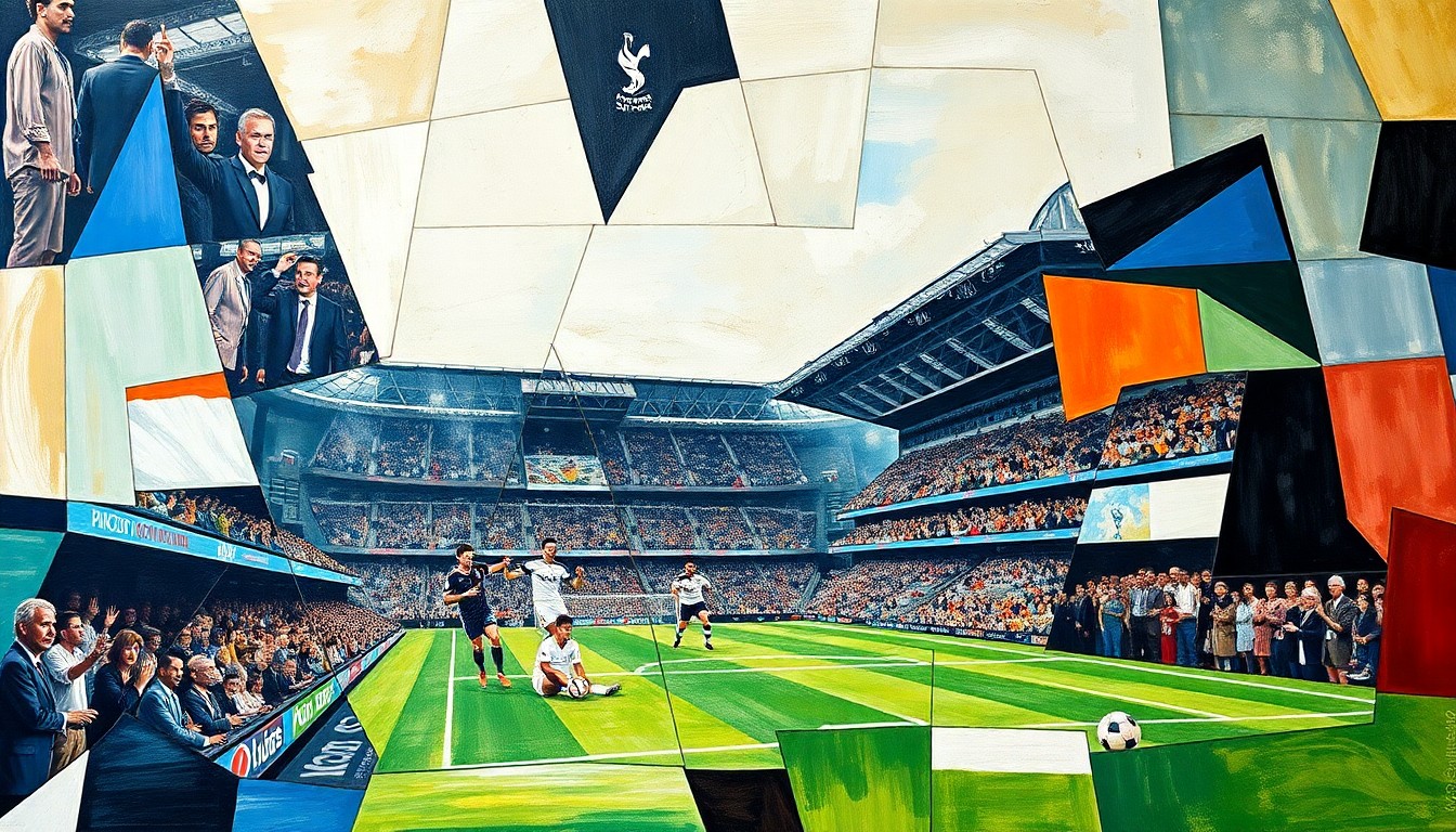 A cubist-style painting depicting a Tottenham Hotspur soccer match, with the players and field broken down into sharp, overlapping geometric shapes and planes, creating a dynamic and fragmented visual representation of the team's new playing style under manager Roberto De Zerbi.
