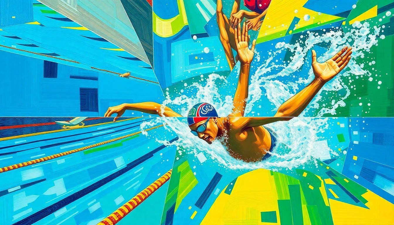 A fragmented, geometric painting in vibrant blues, greens, and yellows, depicting an abstract swimming competition or Olympic event, conveying the energy and dynamism of athletic competition.