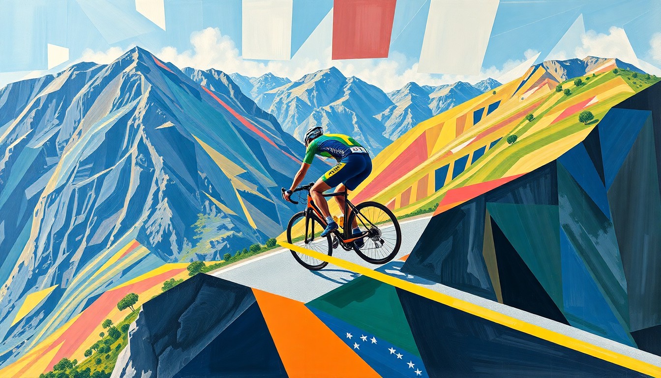 A cubist-style painting depicting a cyclist climbing a steep mountain road, their form broken down into sharp, overlapping geometric shapes in the colors of the Brazilian flag, conveying the dynamic and global nature of the sport.