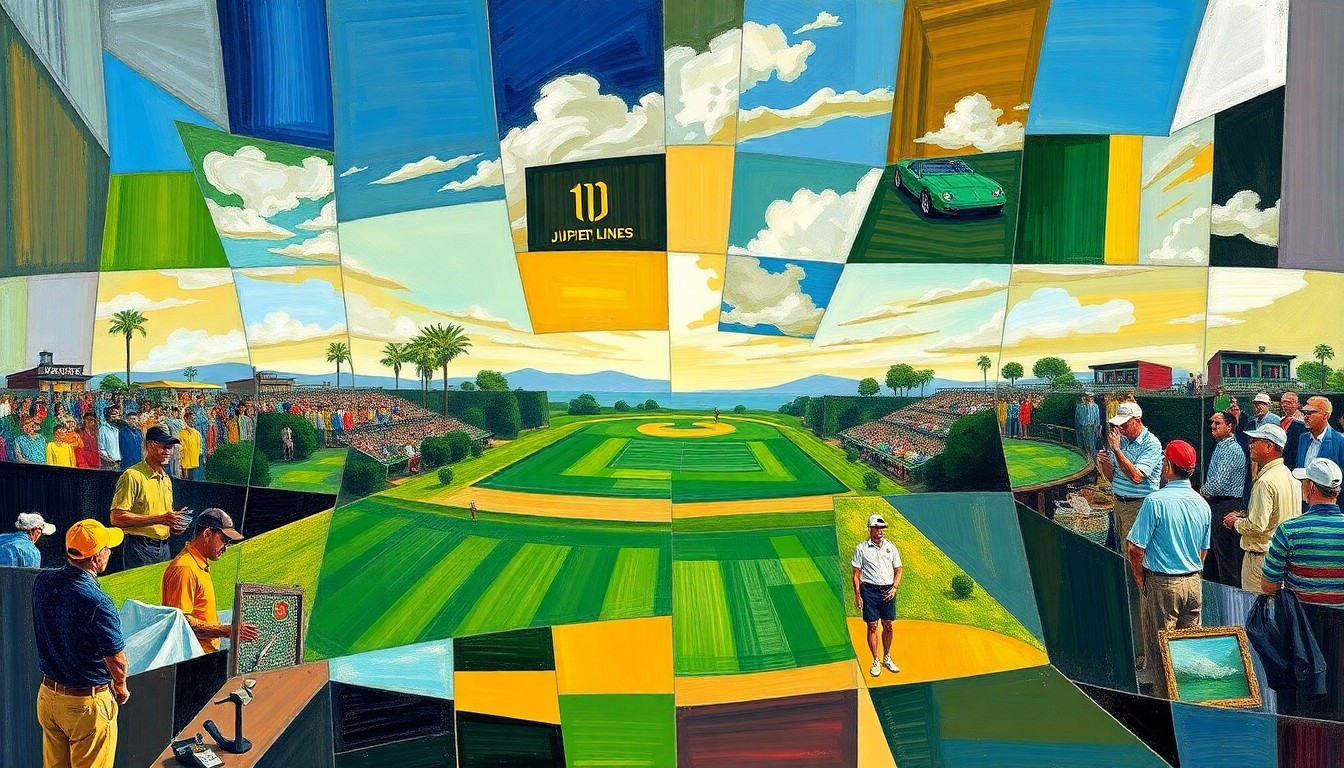 A cubist, geometric painting depicting a golf match with overlapping planes of color and shape, representing the dynamic and unpredictable nature of the sport.