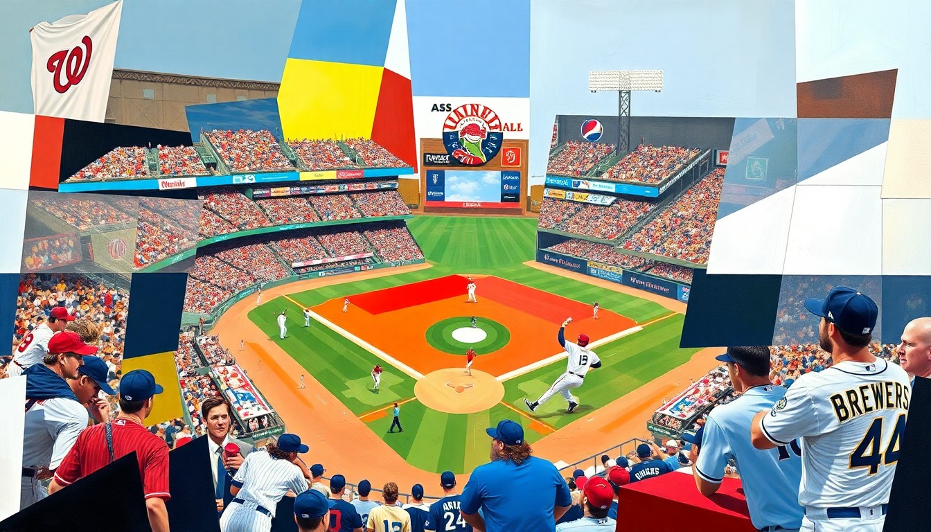 A cubist, geometric painting depicting a baseball game broken down into overlapping planes of bright colors representing the uniforms of the Nationals and Brewers players.