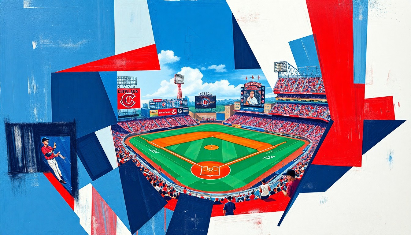 A fractured, geometric painting in navy, red, and white tones depicts a Cleveland Guardians baseball game broken down into sharp, overlapping planes, conveying the diverse talent and impact of the team's most memorable player debuts.
