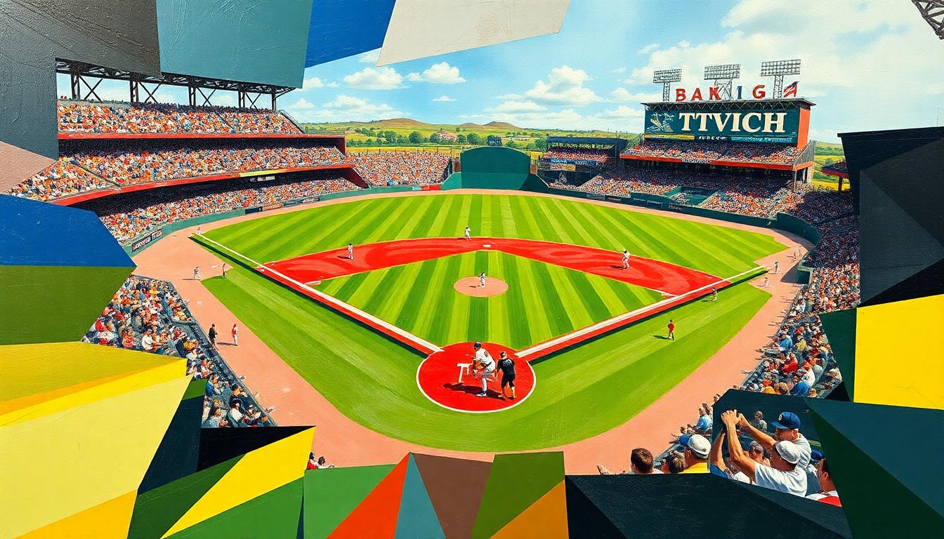 A cubist, geometric painting depicting a baseball game between the Brockway Rovers and St. Marys Dutch, with overlapping planes of color representing the dynamic action on the field.