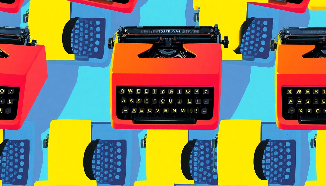 A bold, colorful silkscreen-style illustration featuring a vintage manual typewriter repeated in a grid pattern, using vibrant neon colors and heavy black outlines to transform the everyday object into modern pop art, conceptually representing the effort to recalibrate writing education in the age of AI.