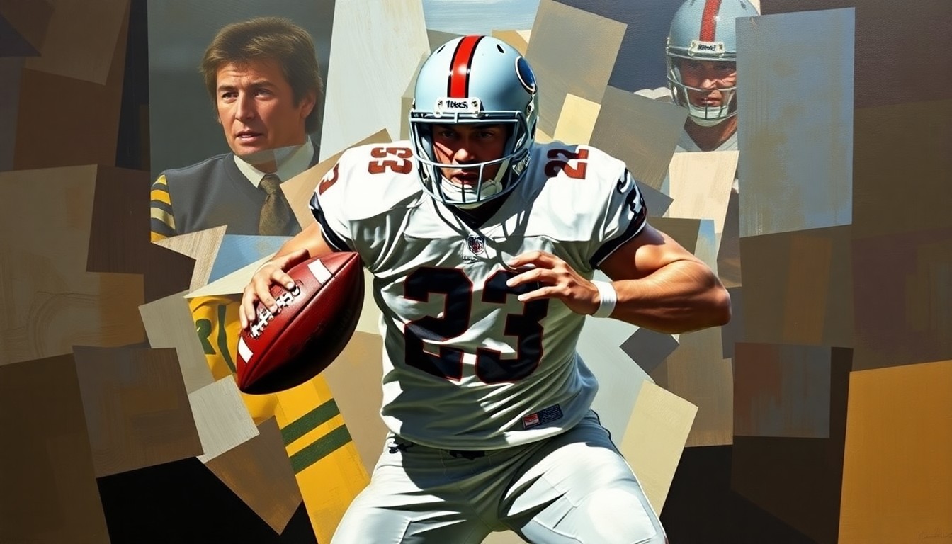 A fractured, geometric painting depicting a football player in mid-sack motion, with sharp planes of color and form capturing the raw athleticism and power of the pass rush.