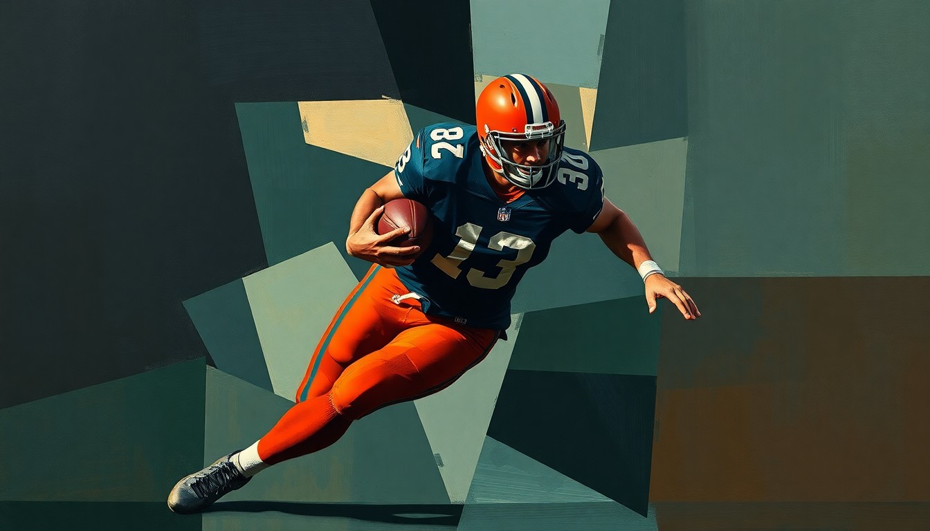 A cubist-style painting depicting a football player in motion, broken down into sharp, overlapping geometric shapes in muted tones of navy, forest green, and burnt orange, conceptually representing the complex factors behind the Colts' decision to trade Kenny Moore.