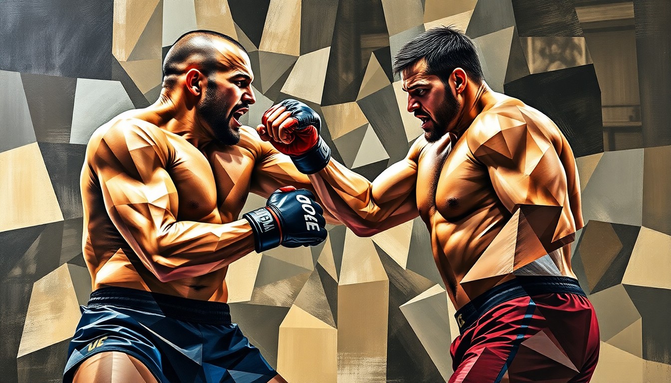A cubist, geometric painting depicting the abstract forms of two heavyweight MMA fighters engaged in an intense battle, their bodies and movements fractured and deconstructed into sharp, overlapping planes of color and shape.