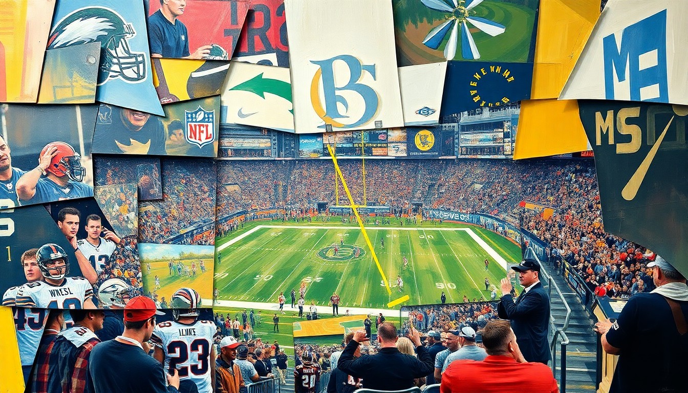 A cubist-style painting featuring fragmented, geometric shapes in shades of blue, green, and orange, representing the complex and dynamic nature of the NFL draft process.